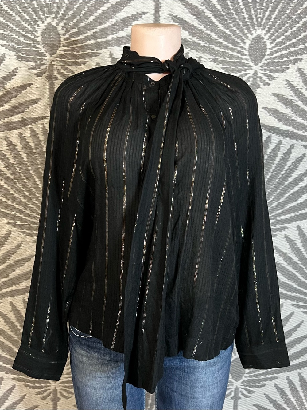 Universal Thread NWT Sheer Tie Neck Blouse Black Metallic Stripe Dark Academia